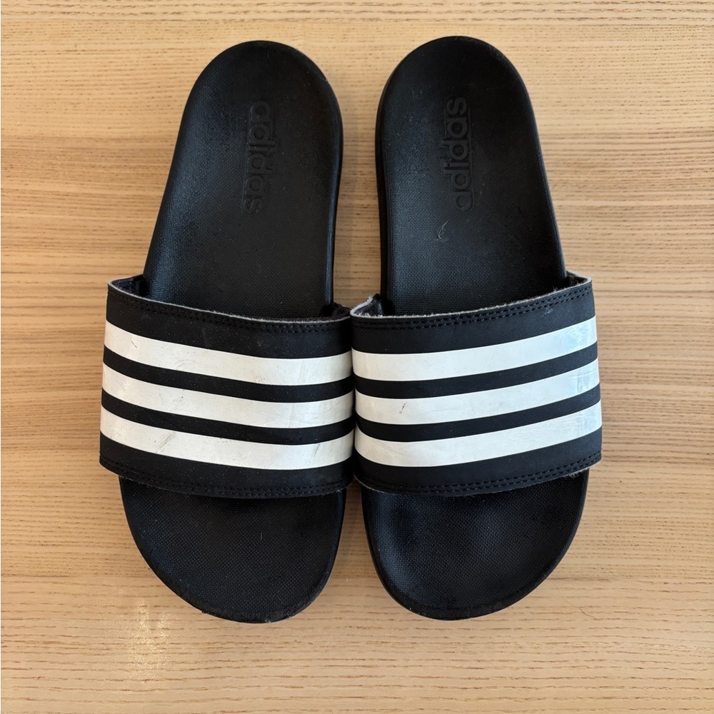 Adidas Black Slides with White Stripes